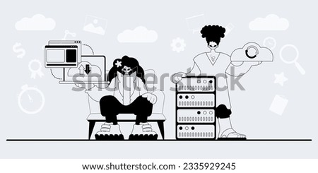 A team that specializes in SEO . trendy exemplar in a analogue manner. Trendy style, Vector Illustration