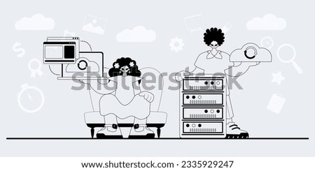 A team that specializes in SEO . trendy exemplar in a analogue manner. Trendy style, Vector Illustration