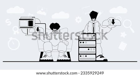 A team that specializes in SEO . trendy exemplar in a analogue manner. Trendy style, Vector Illustration