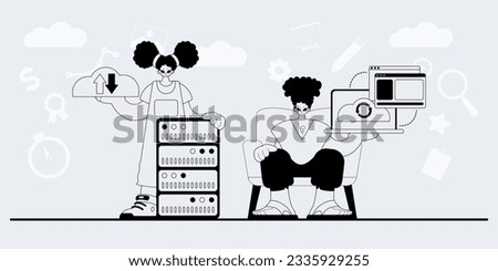 A team that specializes in SEO . trendy exemplar in a analogue manner. Trendy style, Vector Illustration