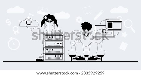 A team that specializes in SEO . trendy exemplar in a analogue manner. Trendy style, Vector Illustration