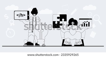 A team that specializes in SEO . trendy exemplar in a analogue manner. Trendy style, Vector Illustration