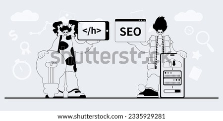 A team that specializes in SEO . trendy exemplar in a analogue manner. Trendy style, Vector Illustration
