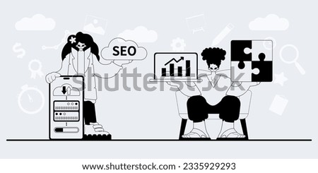 A team that specializes in SEO . trendy exemplar in a analogue manner. Trendy style, Vector Illustration