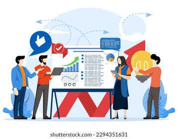 Pensamiento en equipo y lluvia de ideas. Análisis de la información de la empresa. Capacitación del personal de oficina. Aumentar las ventas y las habilidades. Ilustración vectorial plana aislada en fondo blanco.
