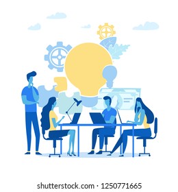   Team thinking and brainstorming. Analytics of company information. Vector illustration.