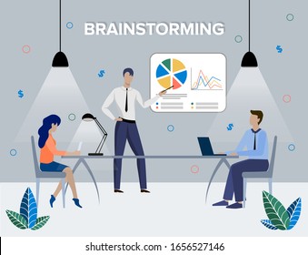 Team thinking and brainstorming. Analytics of company information. Training of office staff. Increase sales and skills. Manager presenting company financial report. Brainstorming team.