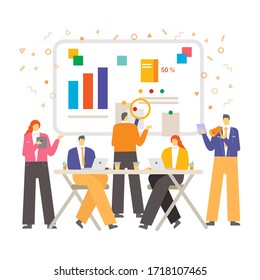 Teamdenken und Brainstorming. Analytics of company information design concept