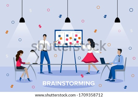 Team thinking and brainstorming. Analytics of company information. Training of office staff. Increase sales and skills. Manager presenting company financial report. Brainstorming team.