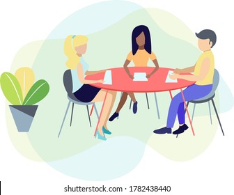 Team thinking and brainstorming, complete tasks, analytics of company information. Vector illustration