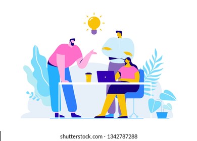 Team Thinking And Brainstorming. Training Of Office Staff. Increase Sales And Skills. Analytics Of Company Information.Flat Vector Illustration