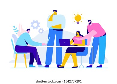 Team thinking and brainstorming. Training of office staff. Increase sales and skills. Analytics of company information.Flat vector illustration