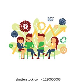 Team thinking and brainstorming. Vector illustration. Training of office staff. Increase sales and skills. 