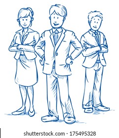 Team of three business people, two men and one woman, standing and smiling, hand drawn vector illustration