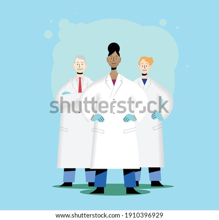 Team of three doctors in white coats isolated vector illustration. Old man doctor, young black woman doctor and young man doctor. Concept of fighting together pandemic.