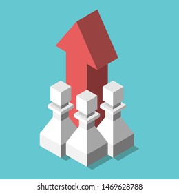 Team of three isometric chess pawns standing around red vertical arrow. Teamwork, collaboration, partnership and goal concept. Flat design. EPS 8 vector illustration, no transparency, no gradients