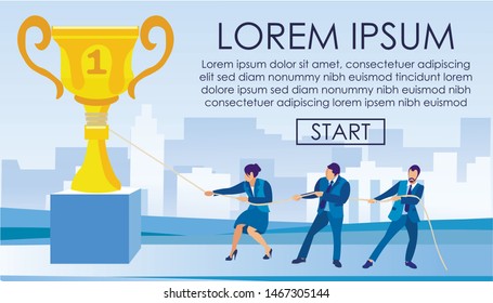 Team of Three Office Workers, Woman and Two Men, Dressed in Business Suits, Working Together in Trying to Drag up Huge Golden Champion Cup, Against Cityscape Background with Business Quarter