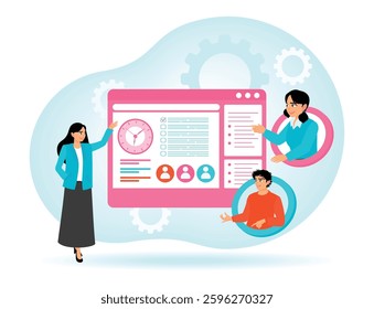 A team of three people collaborating on tasks displayed on a digital interface screen with graphic elements. Flat vector modern illustration