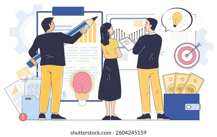 Team of three people discussing charts, graphs, and ideas on a white background, symbolizing teamwork, planning, innovation, and business strategy. Vector illustration