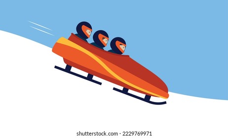 A team of three people go down on a sled in a bobsleigh