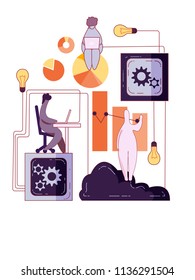 A team of three people at work. Person seating on a chair with laptop on a table. Person seating with laptop on a box with cogs inside. Person standing on a cloud analyzing charts.