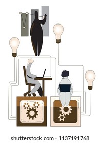 Team of three people at work surrounded by bulbs, charts, wires. Man seating on a chair with laptop on a table. Woman seating with laptop on a box with cogs inside. Man drawing charts.