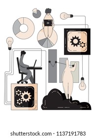 Team of three people at work surrounded by bulbs, charts, wires. Man seating on a chair with laptop on a table. Woman seating with laptop on a pie chart. Man standing on a cloud, drawing charts.