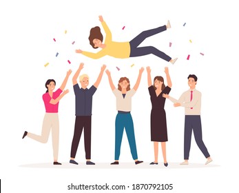 Team throwing person in air. Celebrate win and business success congratulation. Friends toss up woman at party with confetti vector concept. Young man and woman employees achieving victory