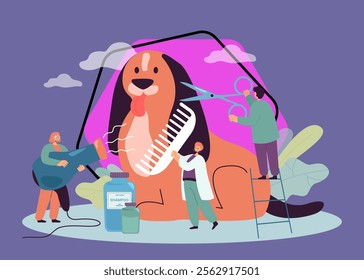 Team of tiny barbers making haircut to animal in grooming salon. Male and female groomers holding comb, scissors and hair dryer flat vector illustration. Dog care service, grooming, hygiene concept