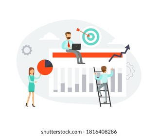 Team of Tiny Business People Doing Marketing of Financial Research, Analysing Graph, Planning, Command Success Strategy Flat Style Vector Illustration