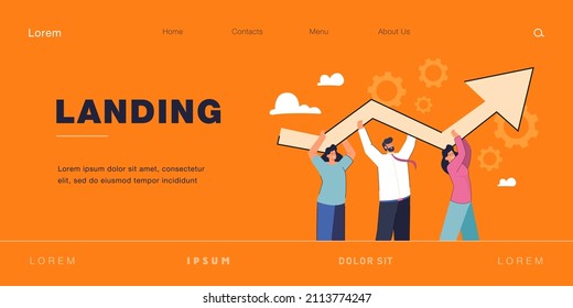 Team of tiny business people holding growing arrow together. Teamwork of professional employees on career growth, company development flat vector illustration. Progress in work, success, job concept