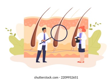 Team Of Tiny Dermatologists Examining Hairs. Cartoon Doctors Giving Hair Transplants Flat Vector Illustration. Cosmetology, Dermatology Concept For Banner, Website Design Or Landing Web Page