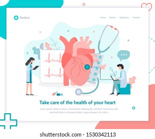 A team of tiny doctors check the health of the heart. Landing page template. Medicine concept. Flat vector illustration.