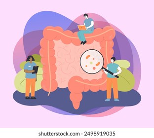 Team of tiny doctors checking bowel for inflammation. People examining intestines or colon, digestive system flat vector illustration. Health, medicine concept for banner or landing page