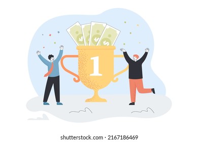 Team of tiny happy employees celebrating award. Male characters winning money and golden cup flat vector illustration. Teamwork, victory concept for banner, website design or landing web page