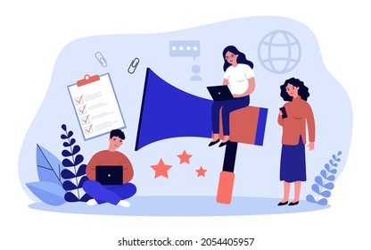 Team of tiny marketers using digital marketing technology. People with with megaphone, checklist, rating stars. Internet promotion service concept for banner, website design or landing web page