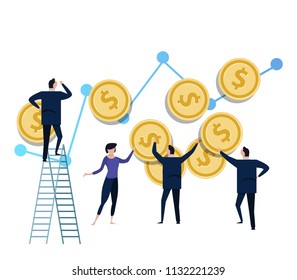 Team of tiny miniature figurines propping up the dollar coin money. concept of money investment management and inflation in economy or business. vector