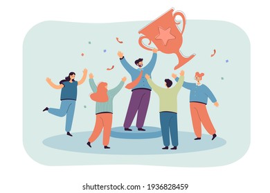 Team of tiny office people employees winning gold cup flat vector illustration. Cartoon happy characters with award or trophy. Business achievement and teamwork concept