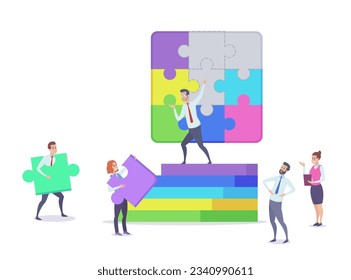 Team of tiny office workers with puzzle pieces and stairs. Company employees doing tasks together vector illustration. Business, teamwork, communication, solution, organization concept