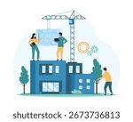 Team of tiny people collaborating on modern house construction with blueprint, crane, and gears, symbolizing teamwork, architecture, and project management vector illustration