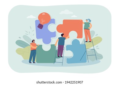 Team of tiny people connecting giant puzzle elements. Flat vector illustration. Symbol and metaphor of teamwork, cooperation, collaboration, communication, partnership. Teamwork, business concept