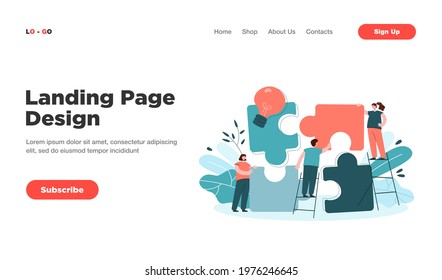Team of tiny people connecting giant puzzle elements. Flat vector illustration. Symbol and metaphor of teamwork, cooperation, collaboration, communication, partnership. Teamwork, business concept