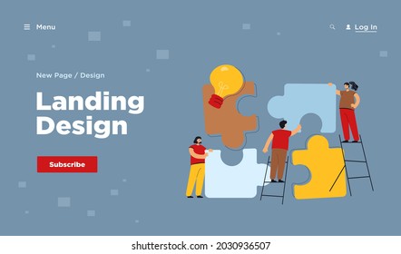 Team of tiny people connecting giant puzzle elements. Flat vector illustration. Symbol and metaphor of teamwork, cooperation, collaboration, communication, partnership. Teamwork, business concept
