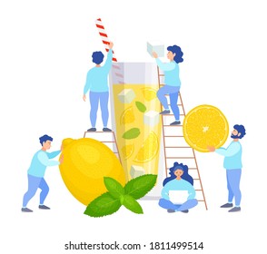 A team of tiny people make lemonade. Vector illustration in flat style. Men and women prepare a refreshing drink together. Cooking Lemonade Concept.