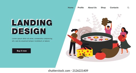 Team of tiny people making vegetable soup. Female and male characters holding vegetables for cooking flat vector illustration. Healthy food diet concept for banner, website design or landing web page