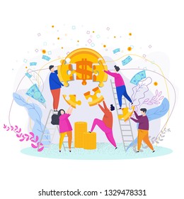 Team of tiny people puts a gold coin. Symbol of success, wealth and power. Finance and banks, savings and investments. Flat vector objects isolated on white background.