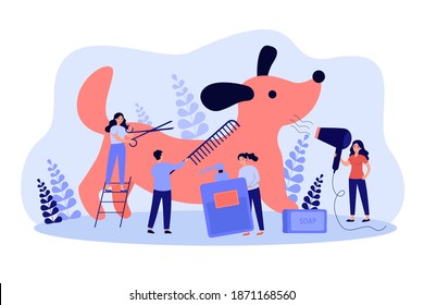 Team of tiny pet barbers grooming dog in salon, cutting, brushing and drying wool. Vector illustration for groomer job, animal care, shedding concept