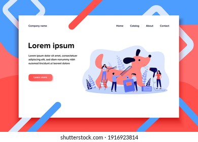 Team of tiny pet barbers grooming dog in salon, cutting, brushing and drying wool. Vector illustration for groomer job, animal care, shedding concept