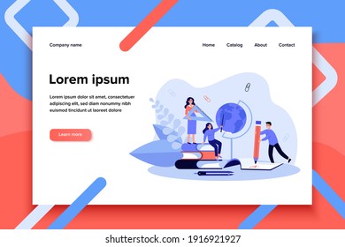 Team of tiny teachers with school supplies. People with stack of books, globe, math ruler, chemical tube. Vector illustration for school disciplines, teaching job, occupation, education concept
