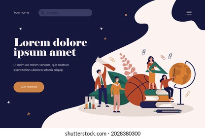 Team of tiny teachers with school supplies. People with stack of books, globe, math ruler, chemical tube. Vector illustration for school disciplines, teaching job, occupation, education concept